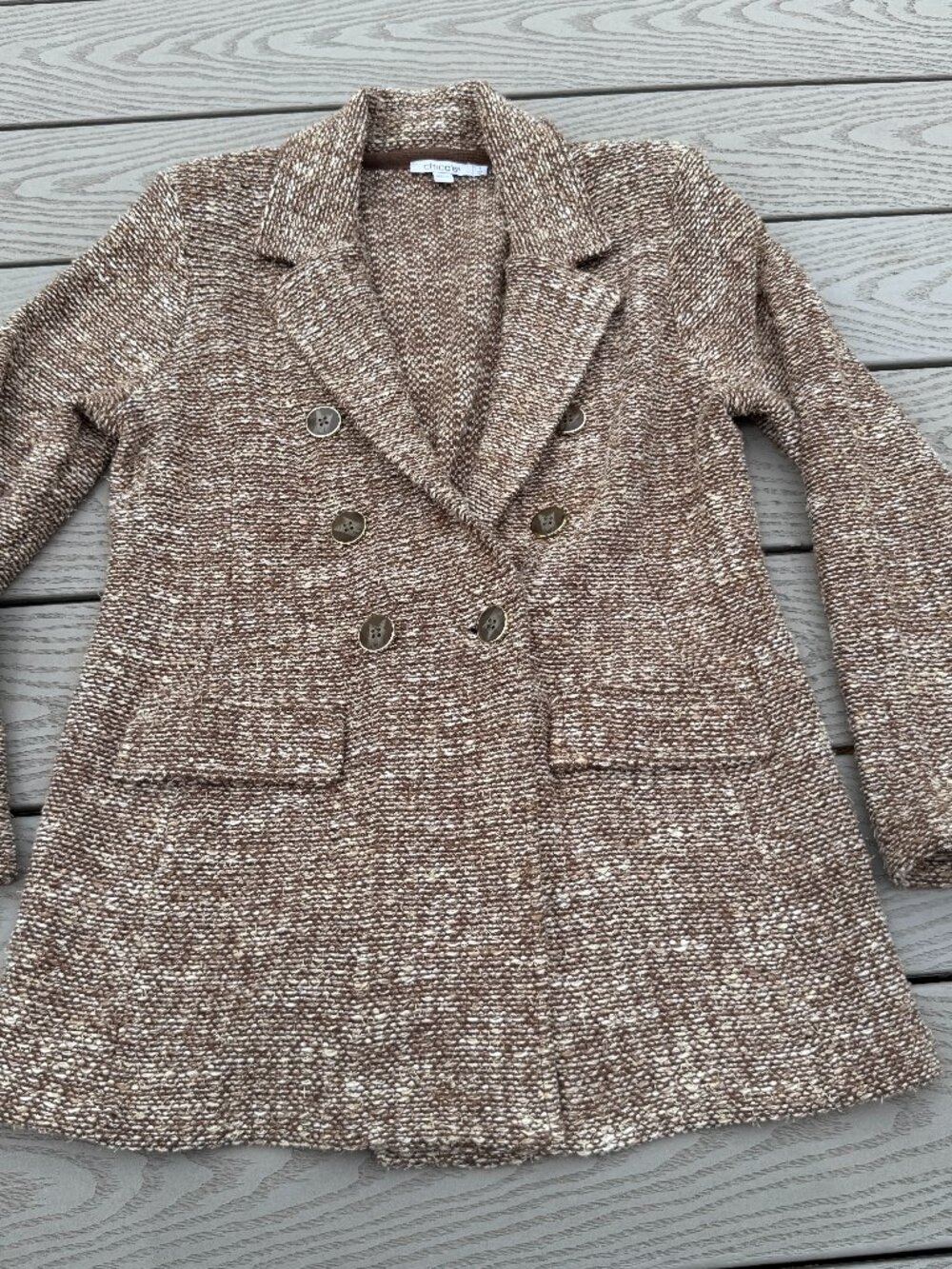 Chicos Tweed Blazer Jacket Long Brown  Career Size 1 Medium